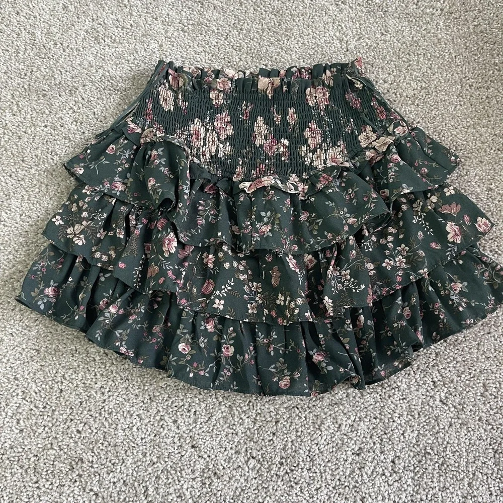 Altar'd State Skirt Womens XS Green Floral Skater Ruffle Tiered Mini Short